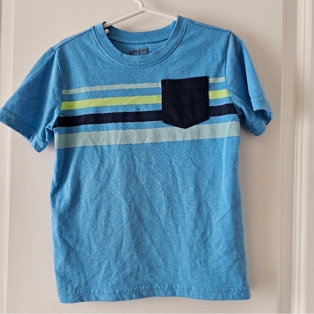 Kid's sz 5 Jumping Beans Blue Striped Pocket T Shirt School Clothes Comfy Play
